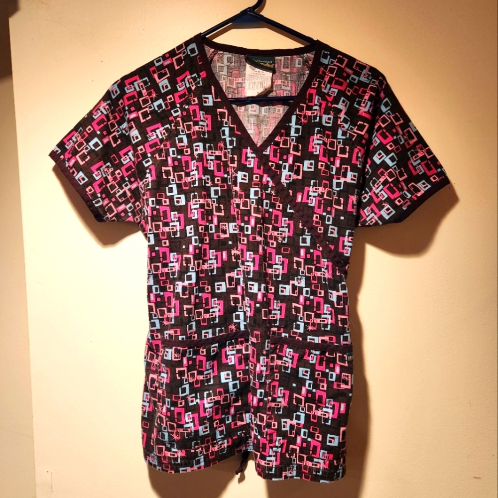 Womens Brown Mock Wrap Scrub Top